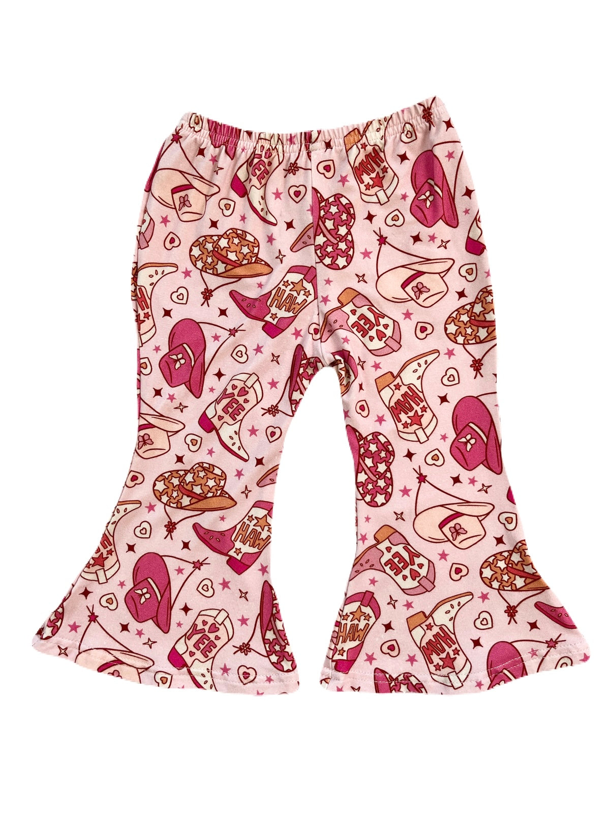 A girl's bam spaghetti-strap ruffle tank top and flared pants / leggings with a pink rodeo cowgirl print that features cowboy hats, boots, and the words "yee haw".
