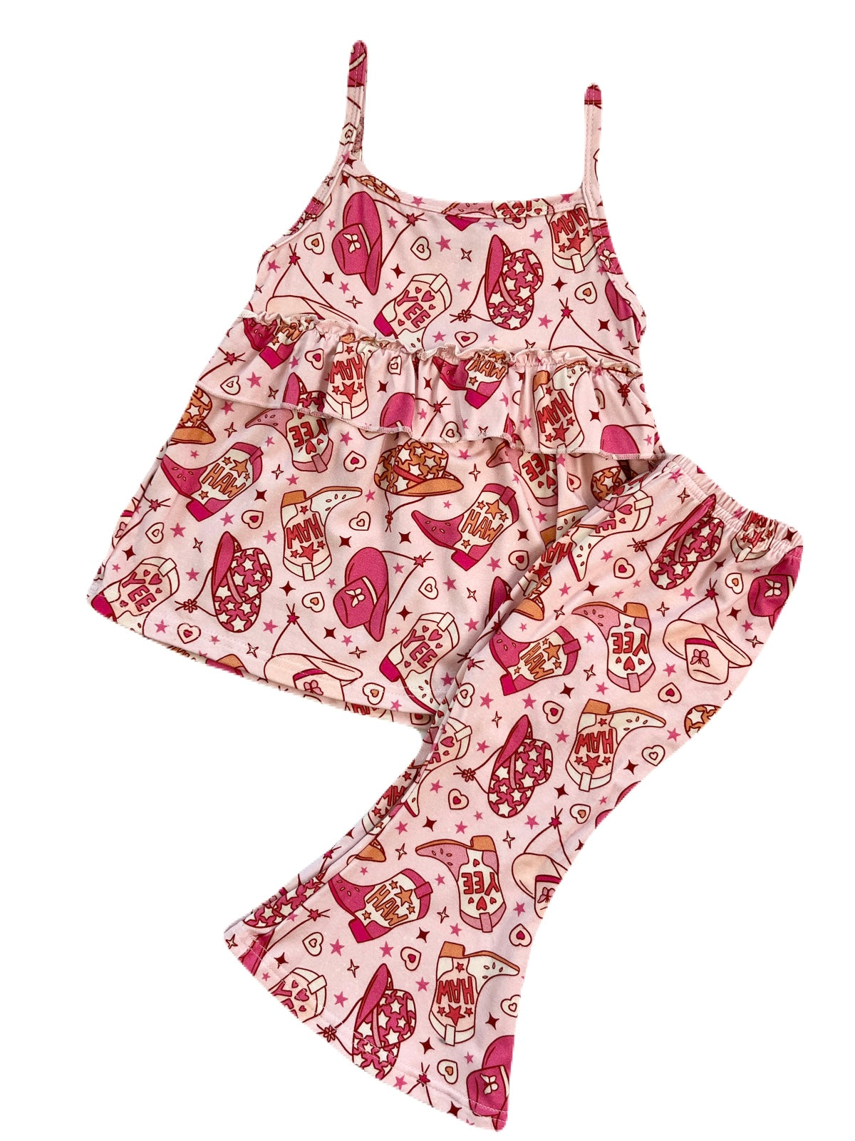 A girl's bamboo spaghetti-strap ruffle tank top and flared pant set with a pink rodeo cowgirl print that features cowboy hats, boots, and the words "yee haw".