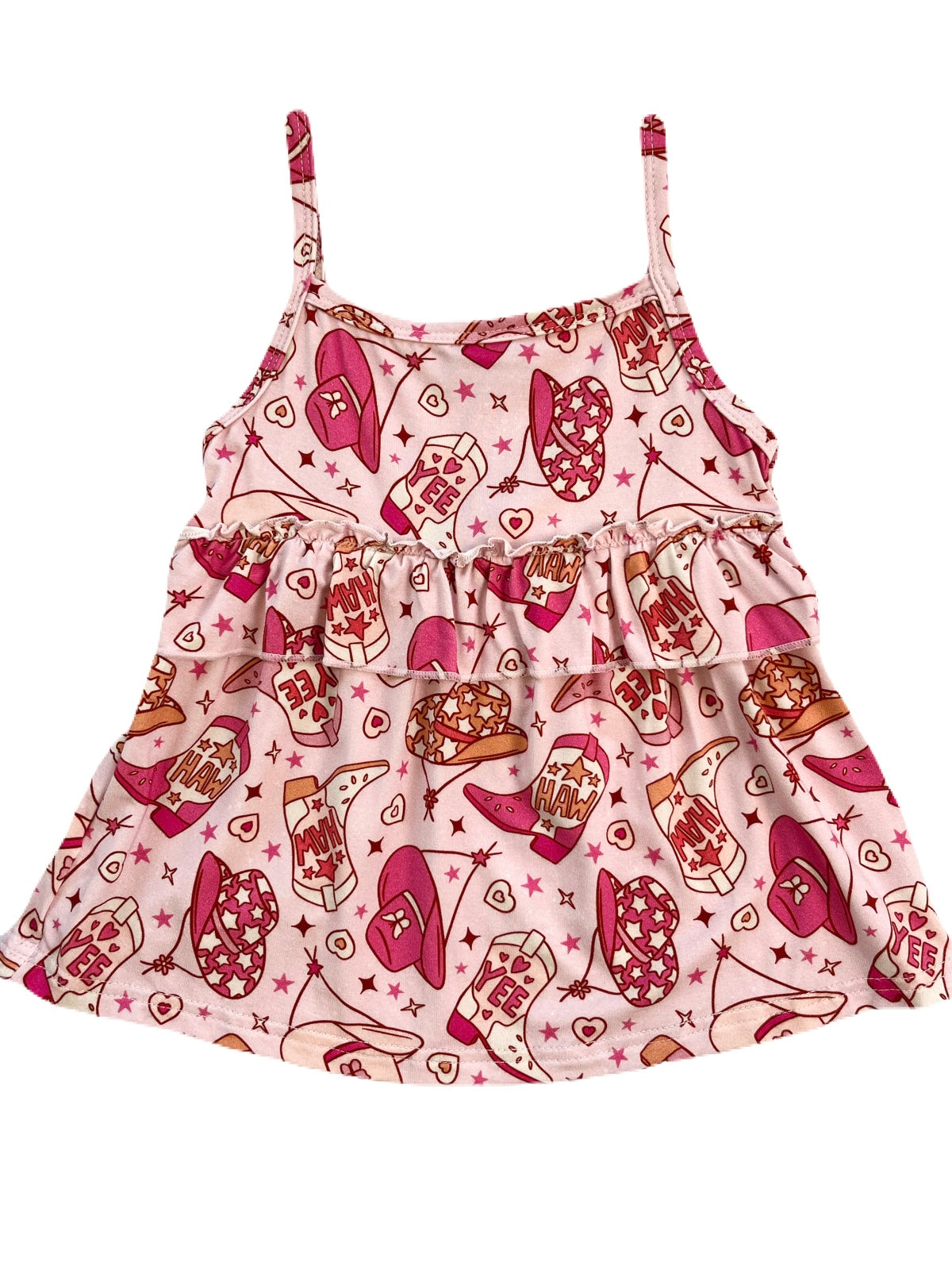 A girl's bamboo spaghetti-strap ruffle tank top with a pink rodeo cowgirl print that features cowboy hats, boots, and the words "yee haw".