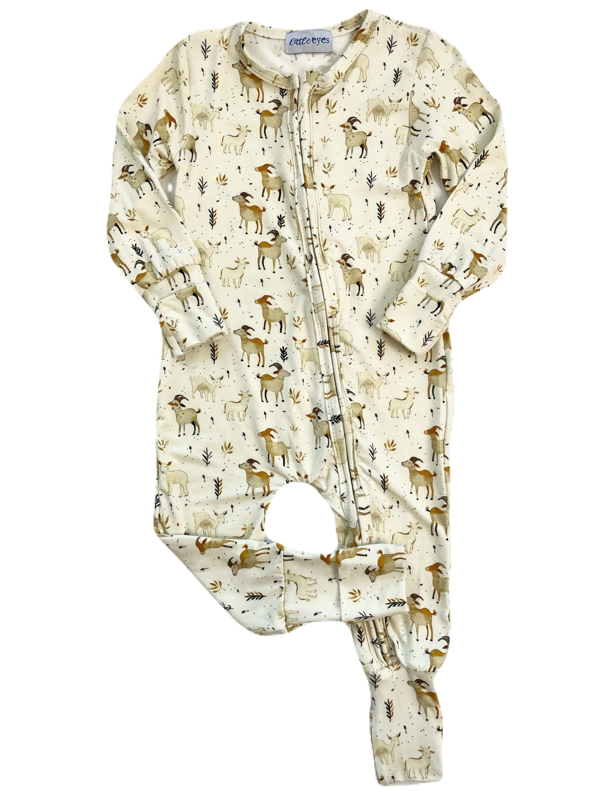 Bamboo zippy sleeper with cream, beige, and golden goat and wheat print. Hs fold-over hand and feet cover, and two-way zipper.