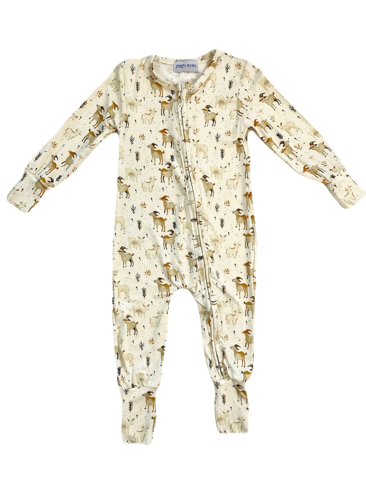 Bamboo zippy sleeper with cream, beige, and golden goat and wheat print. Hs fold-over hand and feet cover, and two-way zipper.