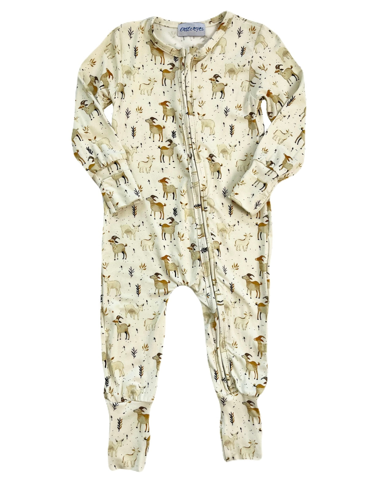 Bamboo zippy sleeper with cream, beige, and golden goat and wheat print. Hs fold-over hand and feet cover, and two-way zipper.