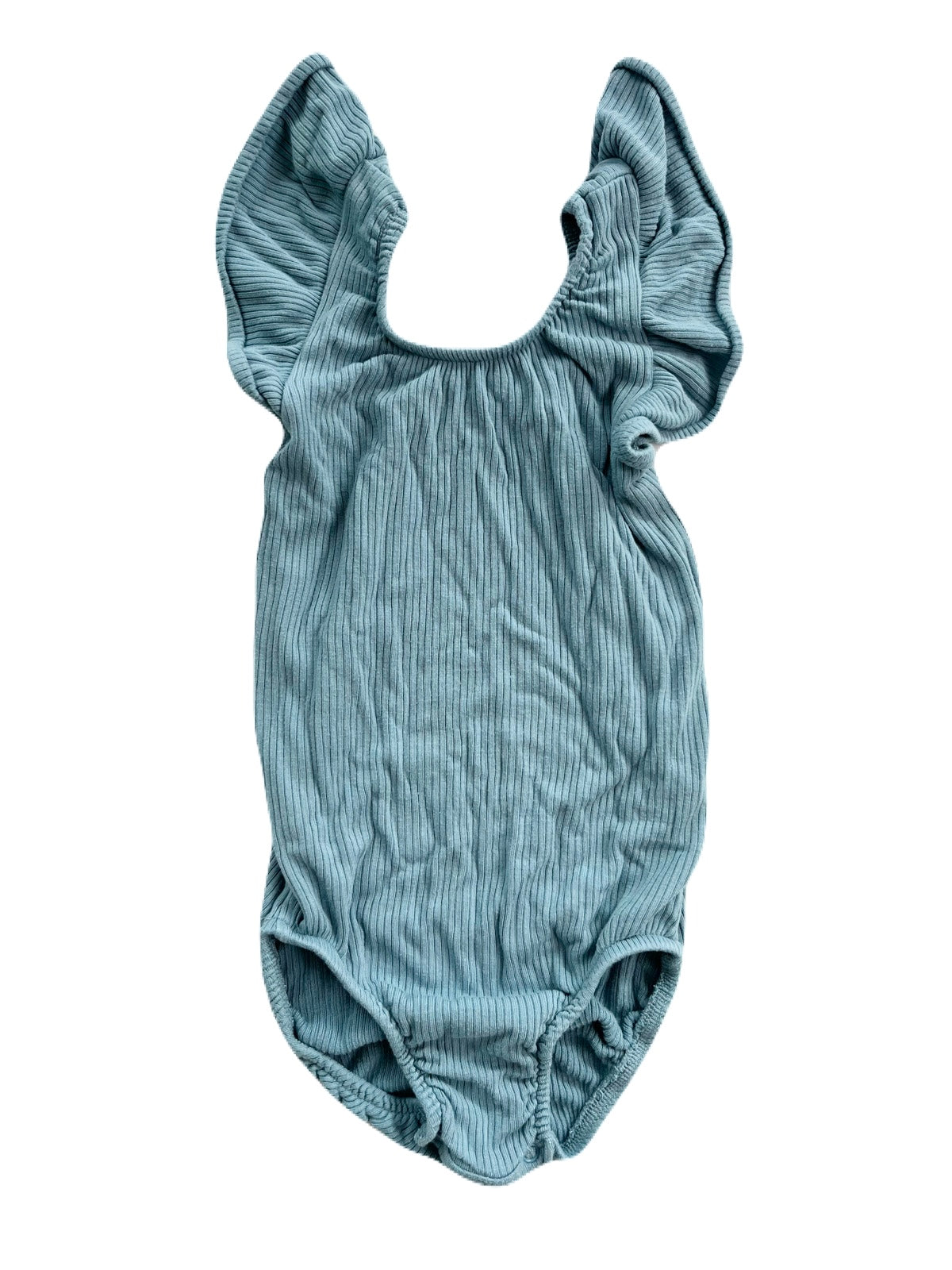 Kyte Ribbed Sleeveless Ruffle Leotard in Dusty Blue 3T