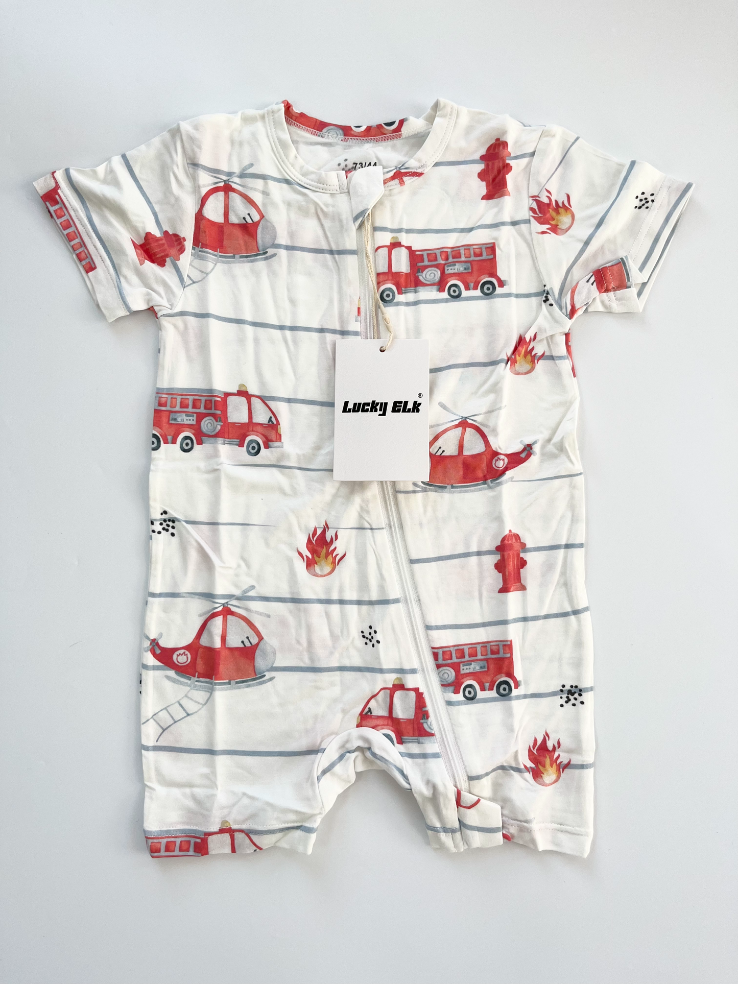 Lucky Elk Bamboo Firetruck Shortie Romper 6-9M