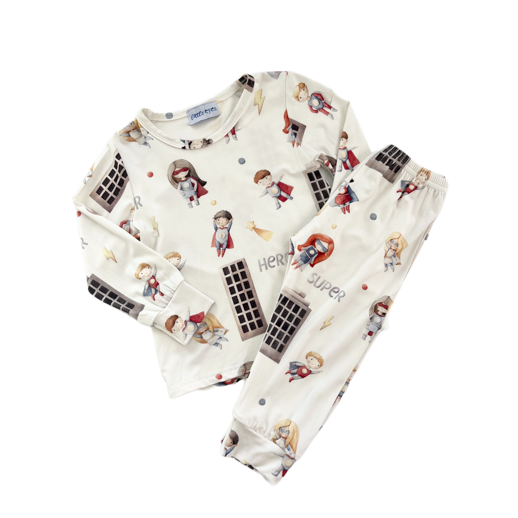 Children's bamboo long-sleeve shirt & pants pajama outfit with superhero pattern