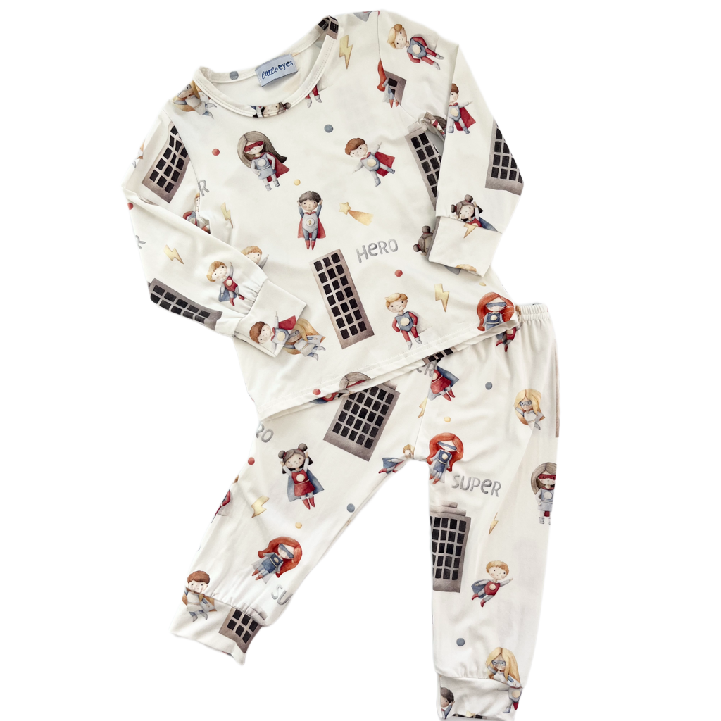 Kid’s bamboo long-sleeve shirt & pants pajama outfit with superhero pattern