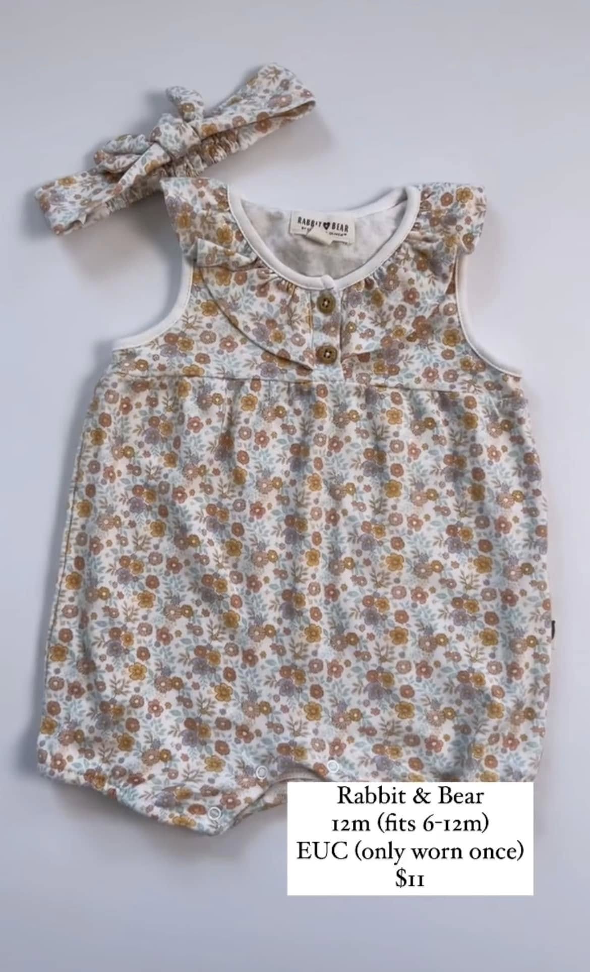 Rabbit & Bear Floral Shortie Romper & Bow 6-12m