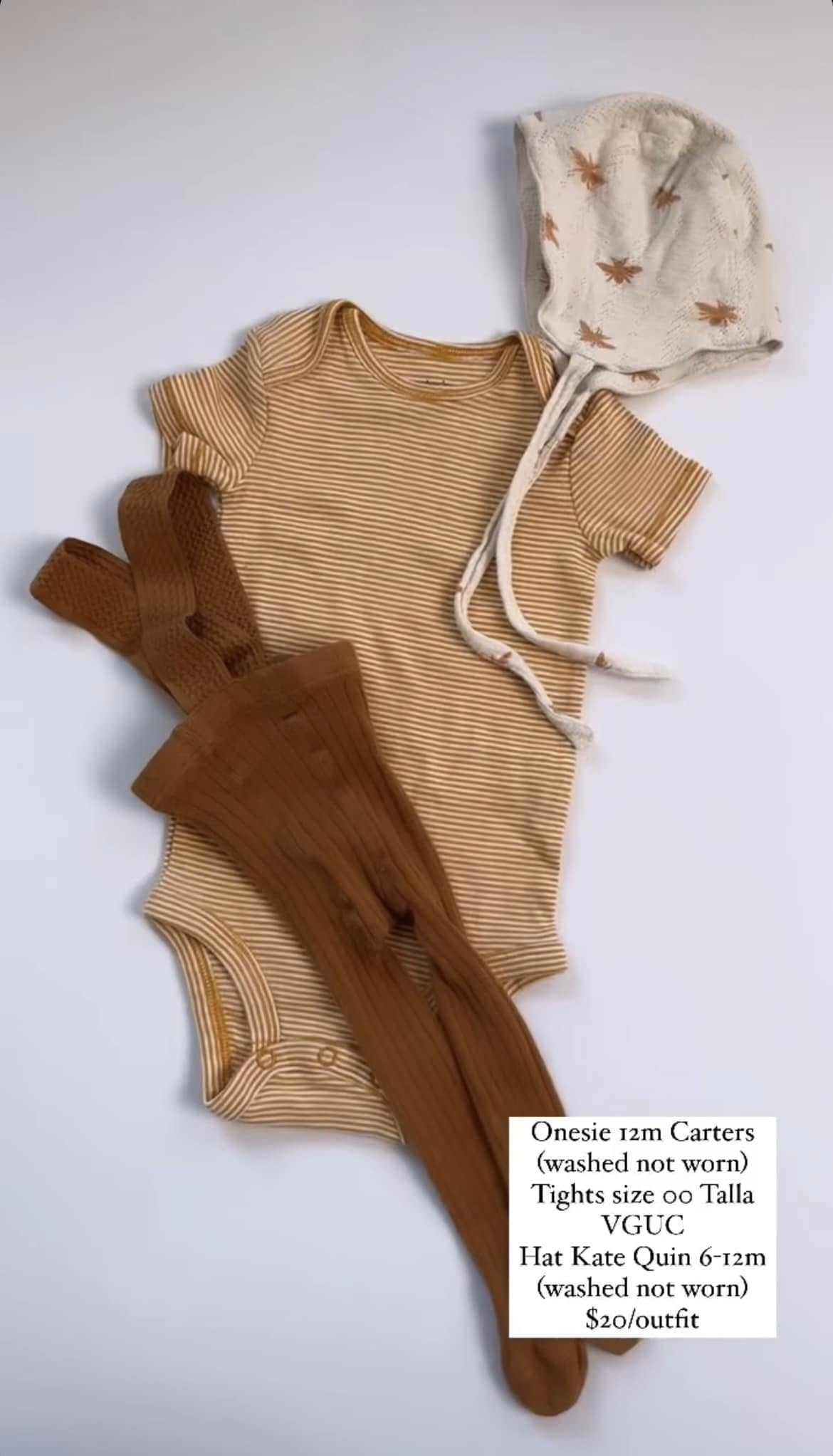 Kate Quinn Bee Bonnet, Talla Tights, & Carters Onesie 6-12m