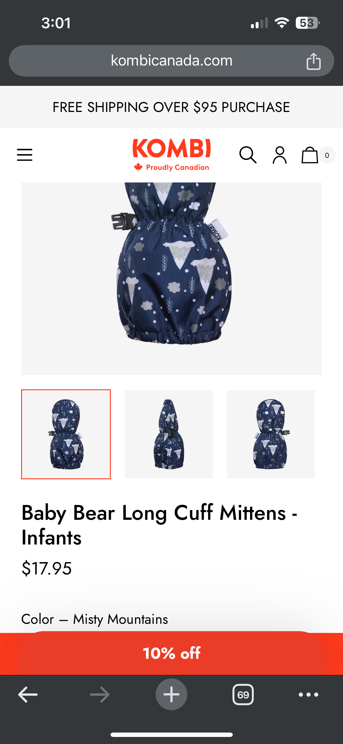 KOMBI Long Cuff Mittens - Infants 6-12m