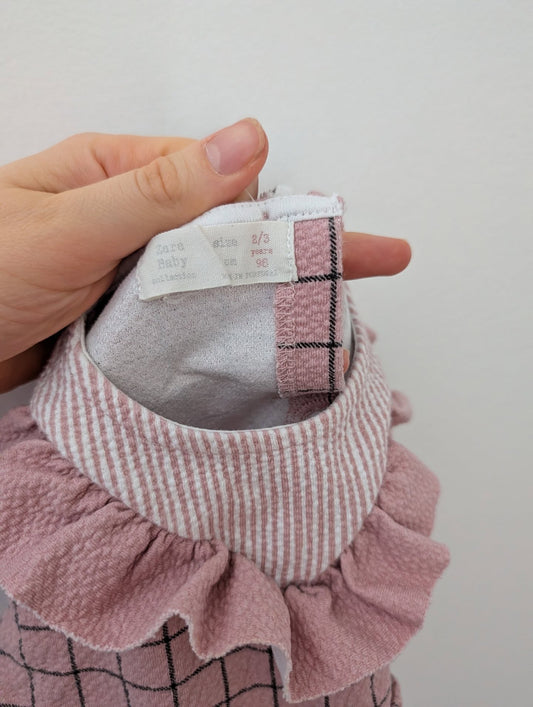 ZARA Pink Checkered Ruffled Long-Sleeve Dress 2-3 Years