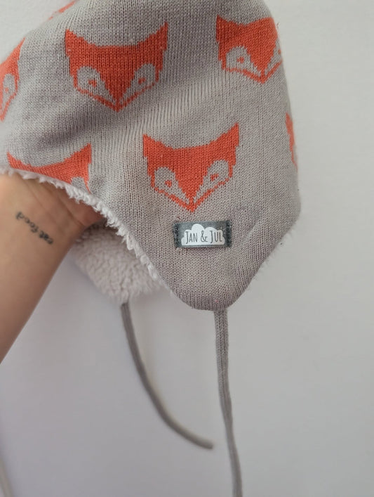 Jan & Jul Fox Pom Pom Beige/Grey Touque 3-9m