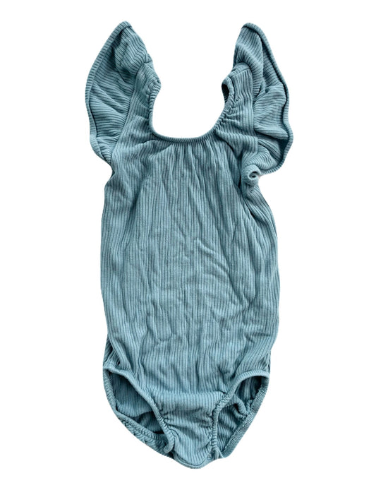 Kyte Ribbed Sleeveless Ruffle Leotard in Dusty Blue 3T