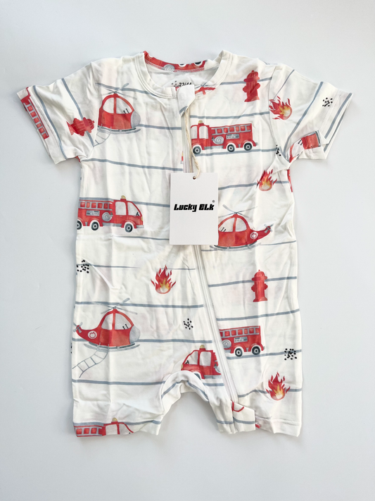 Lucky Elk Bamboo Firetruck Shortie Romper 6-9M