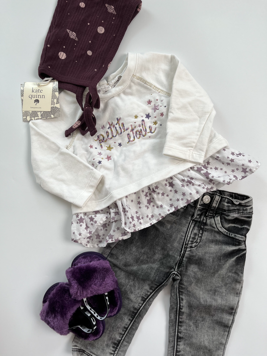 Noppies Jeans & Dylan and Abby Shirt 3-6m  *DOES NOT INCLUDE HAT/SLIDES*