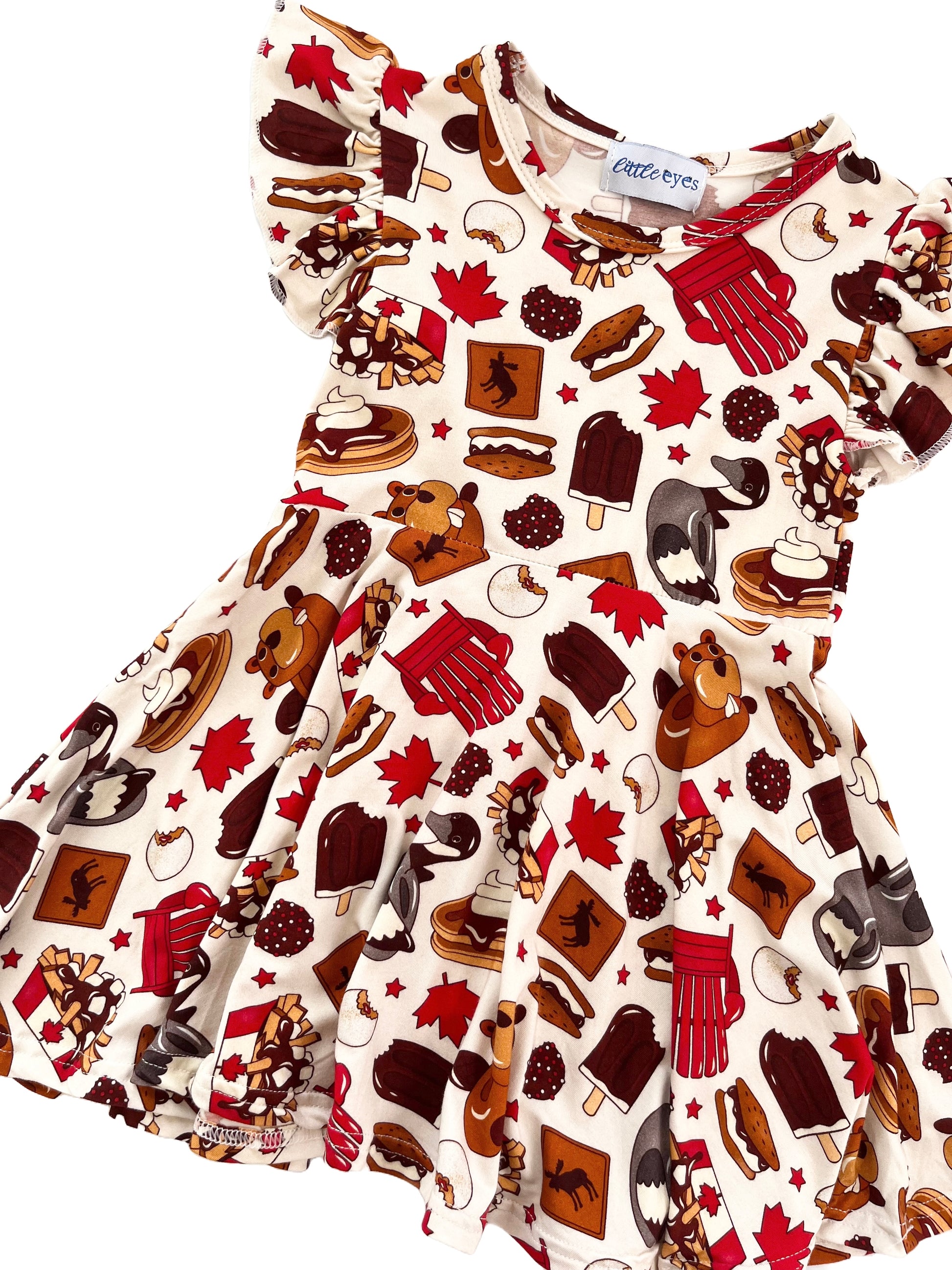 Kids bamboo ruffle twirl dress with a Canadian Summer theme: geese, beaver, poutine, maple leaves, moose crossing, timbits, & ice cream.