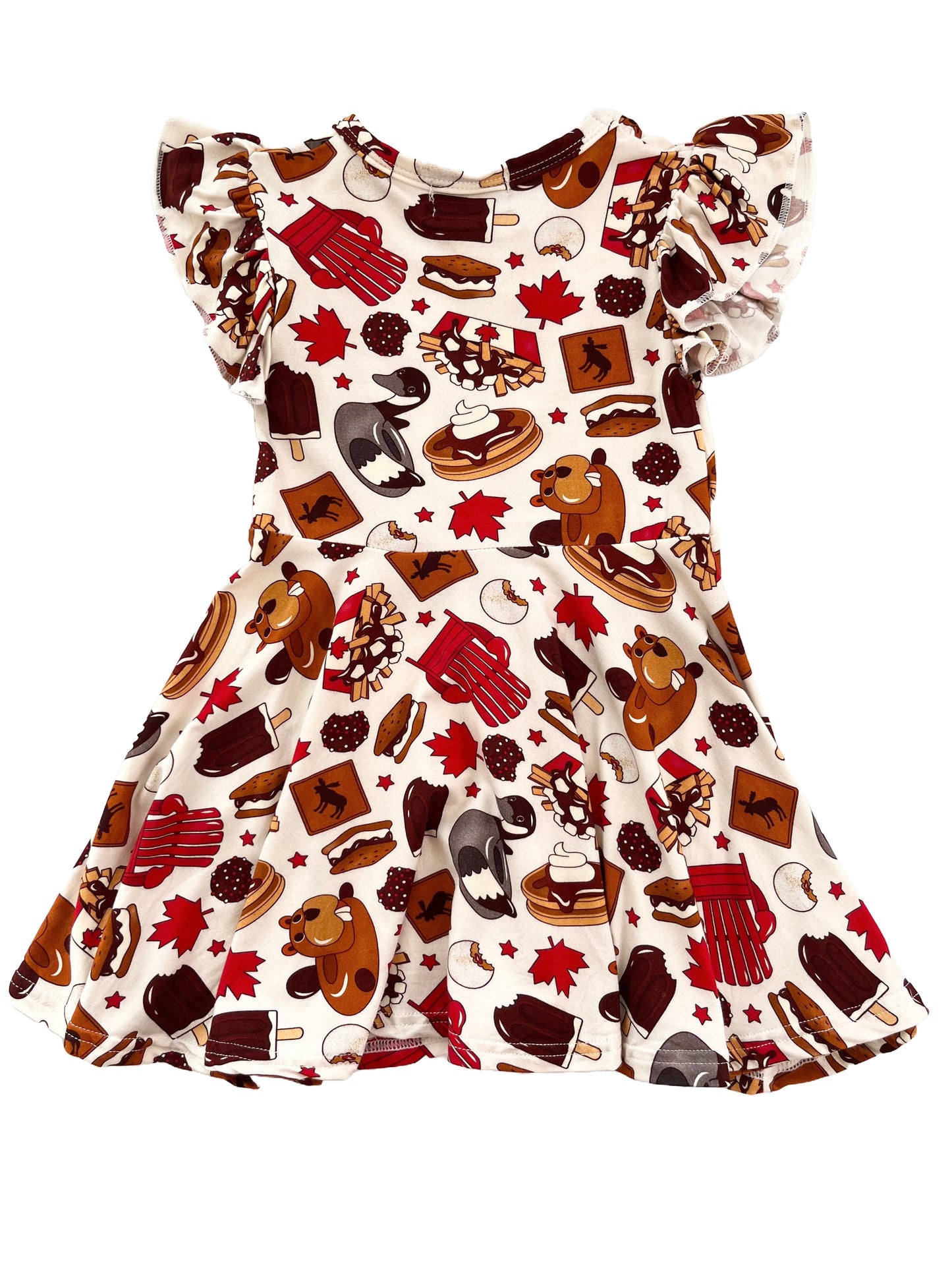 The back of a children’s bamboo ruffle twirl dress with a Canadian Summer theme: geese, beaver, poutine, maple leaves, moose crossing, timbits, & ice cream.