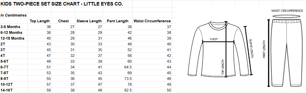 Little Eyes Kids Bamboo Two-Piece Sets Size Guide : Long-Sleeve Shirt & Pants 
