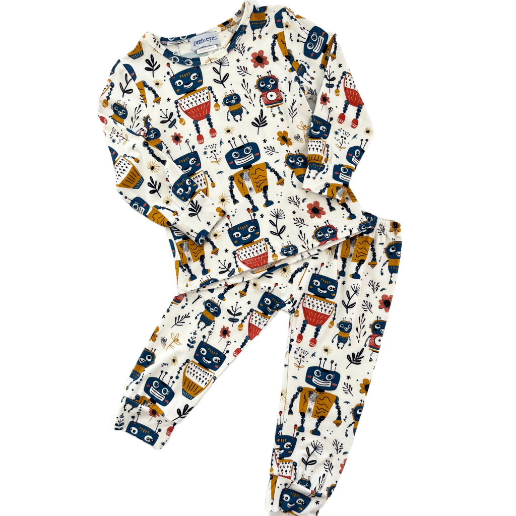 Children’s bamboo long-sleeve shirt & pants pajama outfit with robots and flowers.