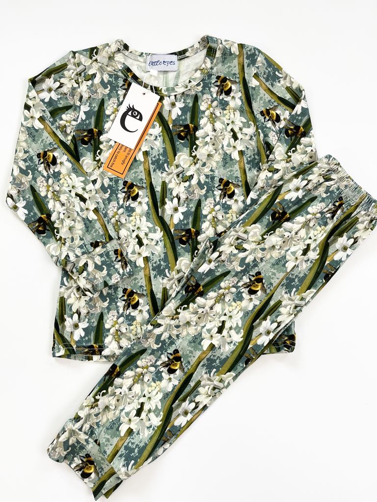 Teal blue bamboo two-piece pajama set with bees & hyacinth flowers