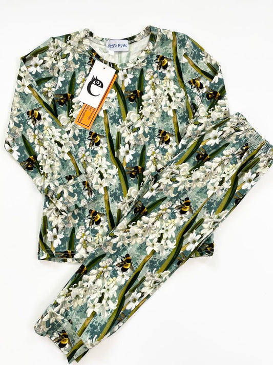 Teal blue bamboo two-piece pajama set with bees & hyacinth flowers