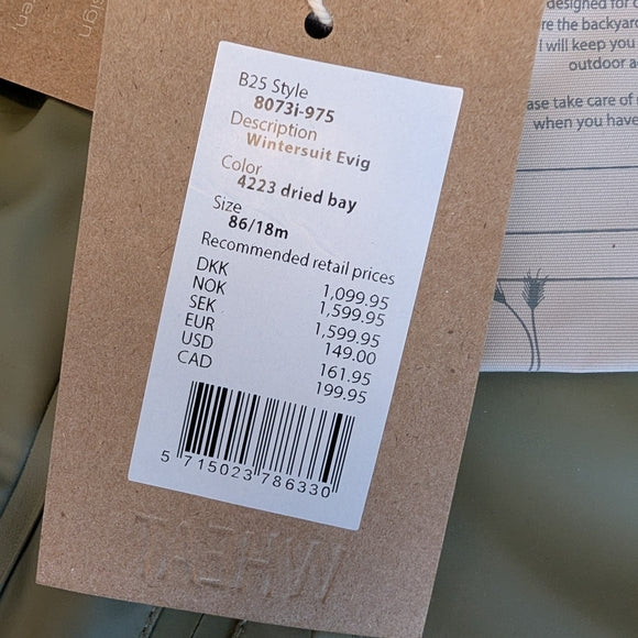 Wheat Kids Olive Green One Piece Snowsuit & Rainsuit | 18m