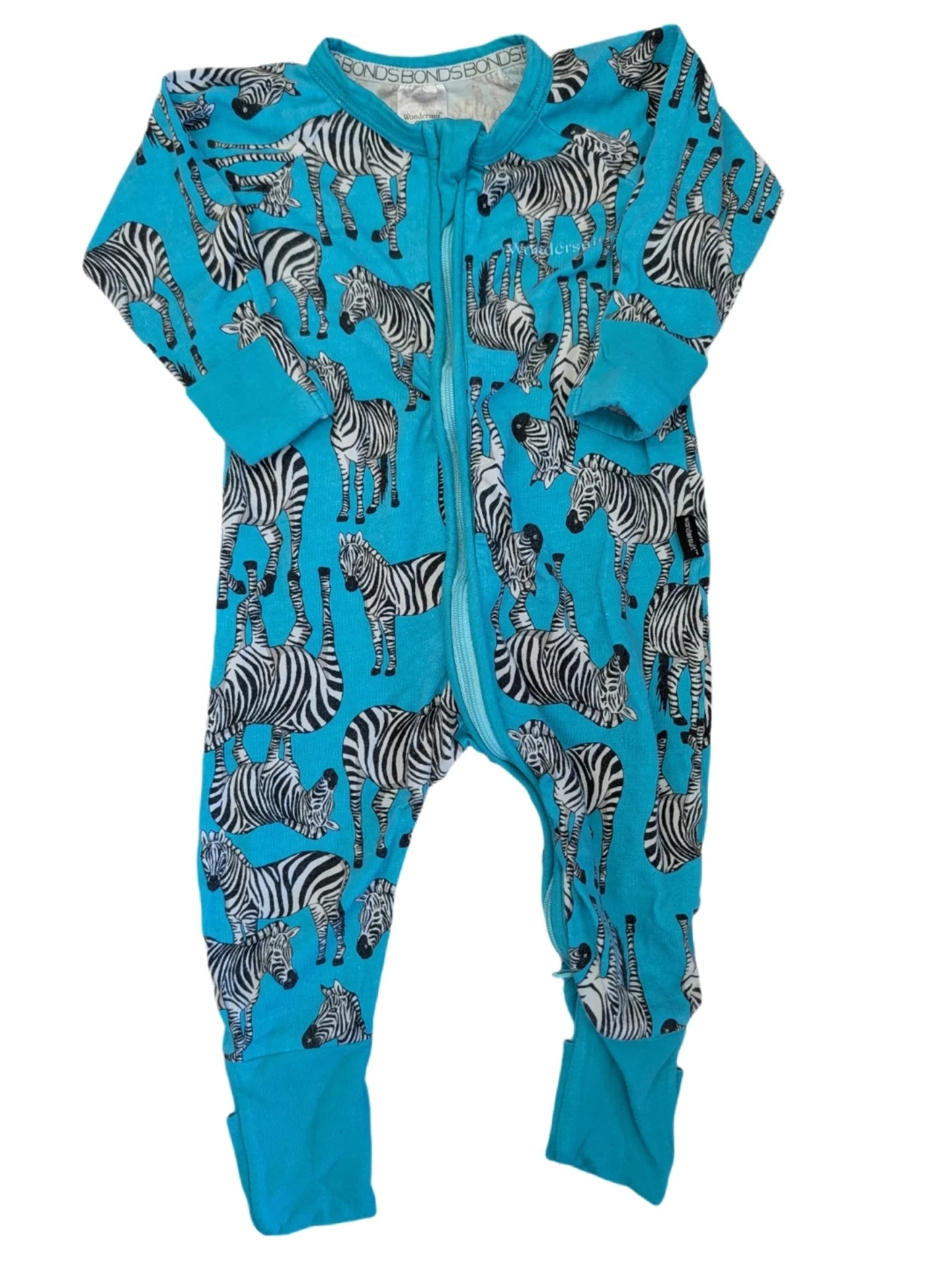 Bonds Wondersuit Teal Zebra 3-6m