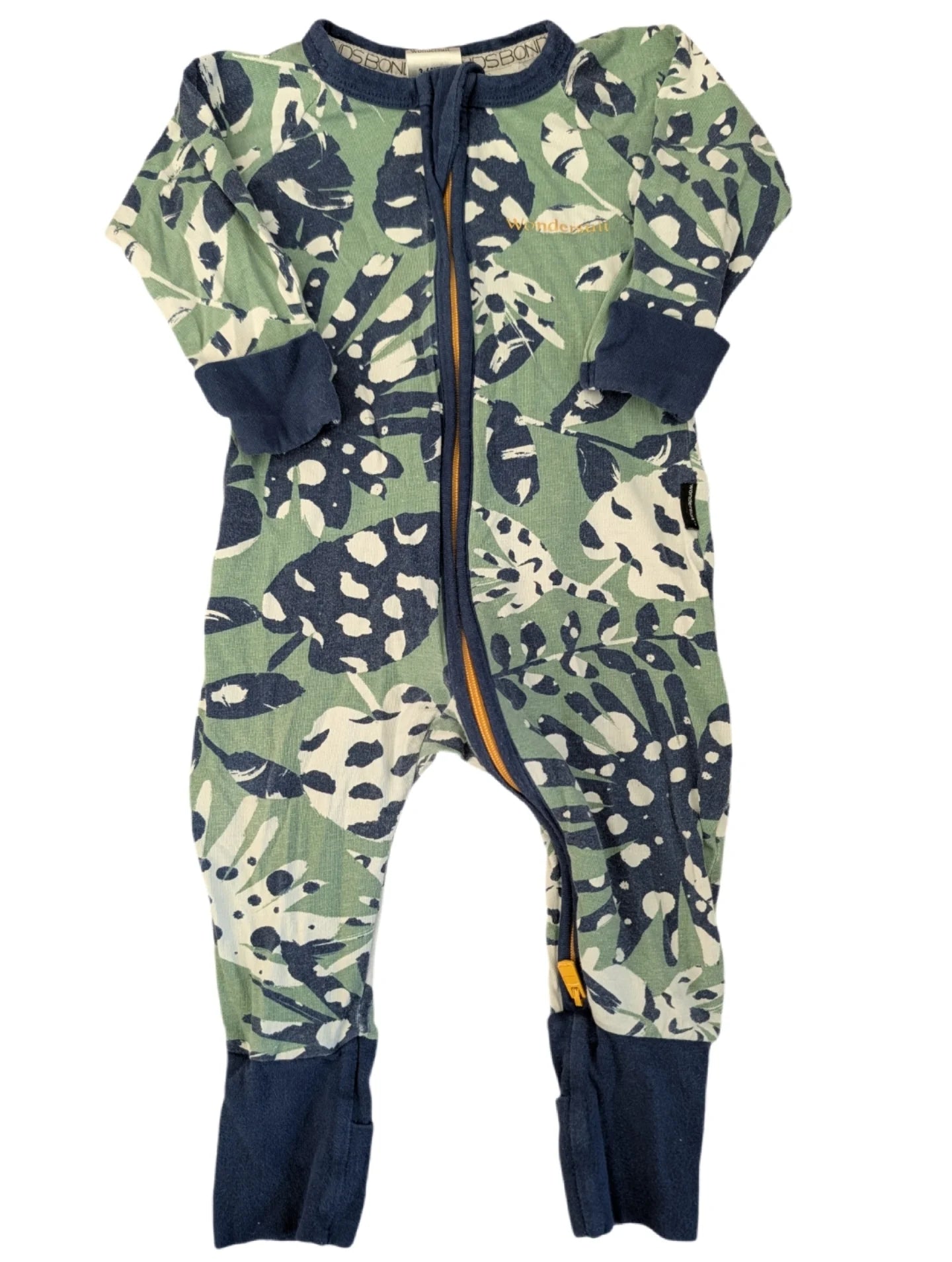 Bonds Wondersuit Green and Navy Tropical Leaf Print Convertible Romper Sleeper 3-6m