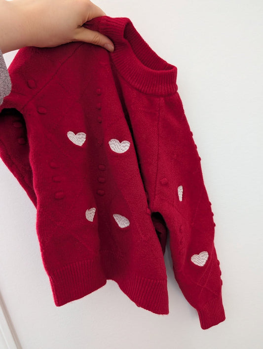 Red and White Heart Embroidered Knit Sweater 5T