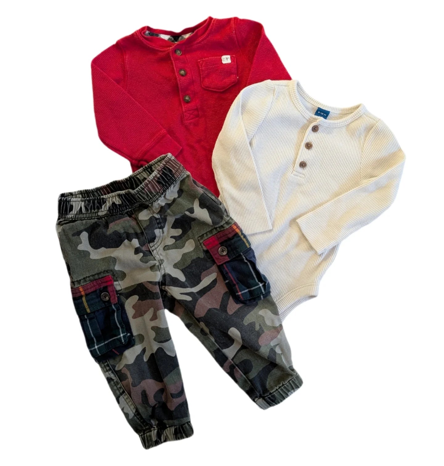 Ralph Lauren Camo Pants & Carters / Old Navy Waffle Onesies | 12m