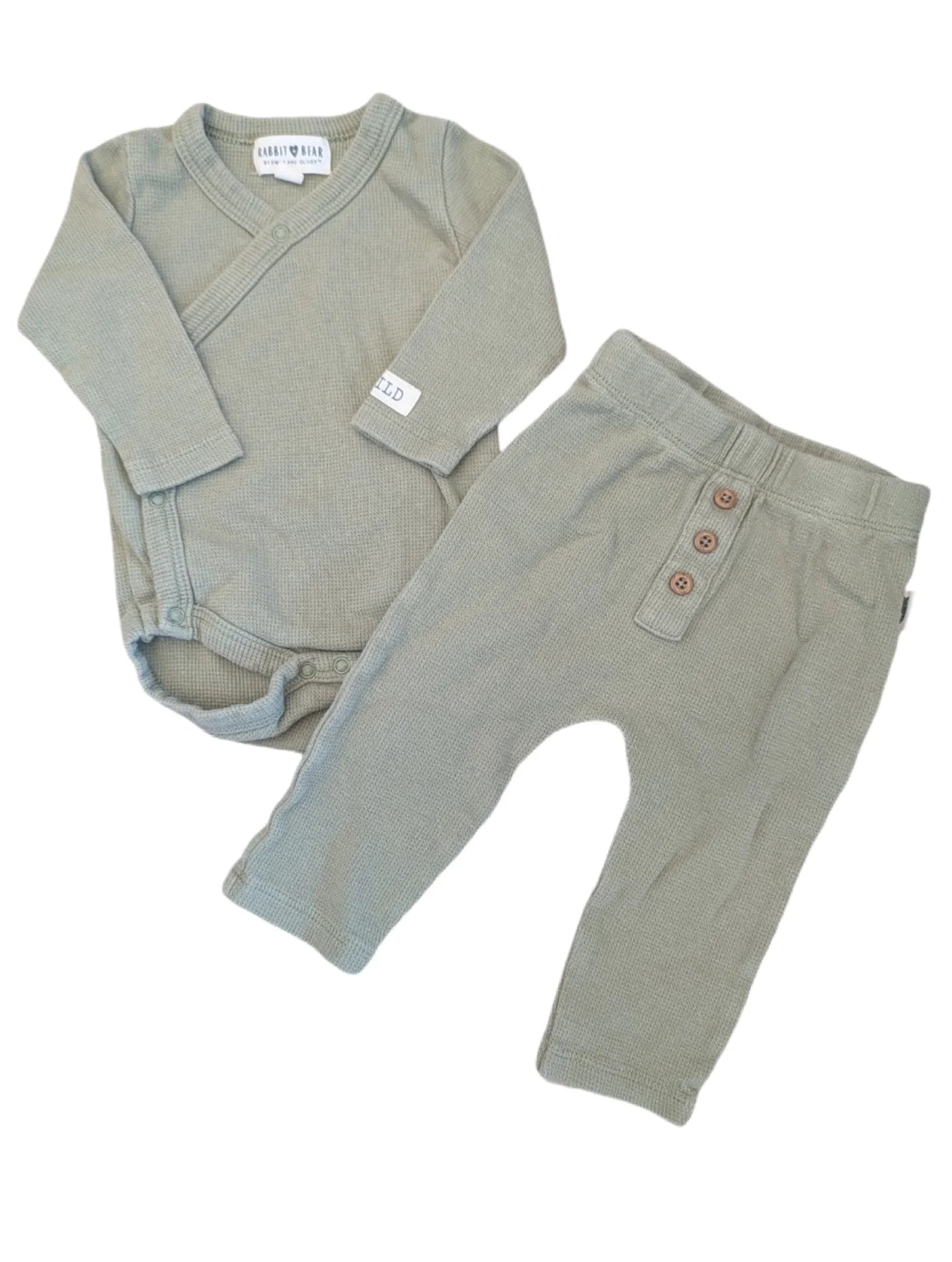 Rabbit and Bear green Waffle Material Onesie and Pants Set 3-6m